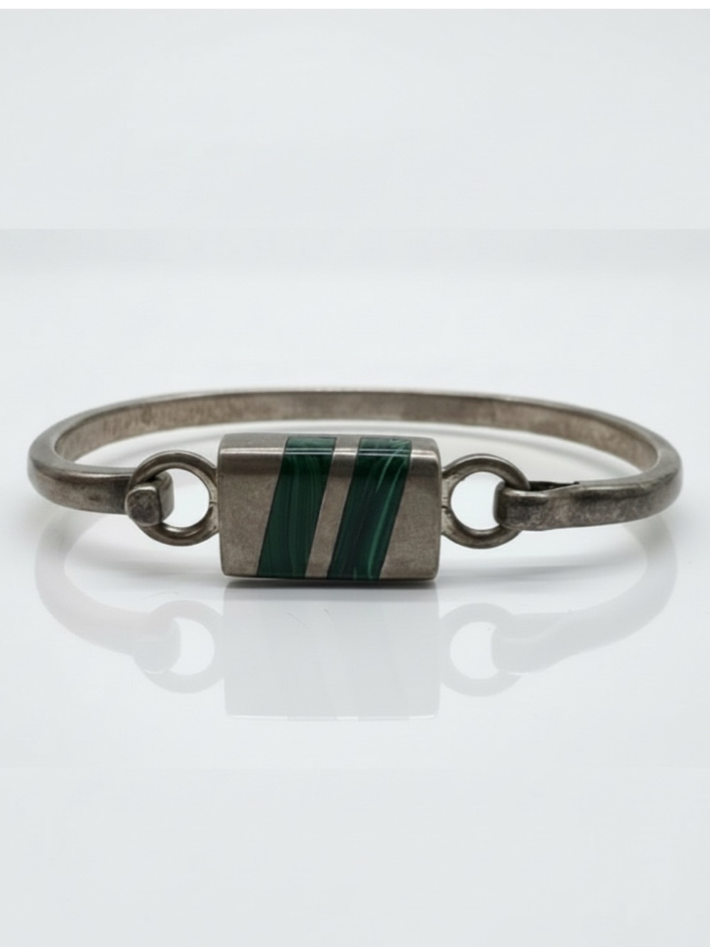 Vintage Taxco Mexico 925 Sterling Silver Malachite Bangle Bracelet 32.5g